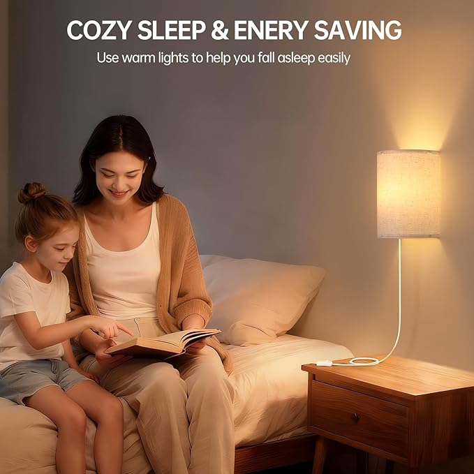 Shenmoyl Plug in Wall Sconces Set of Two Wall Lights with On/Off Switch - Stepless Color Temperature Wall Mount Lamps - Fabric Linen Wall Sconce for Bedroom Living Room - Indoor Corded Wall Sconces