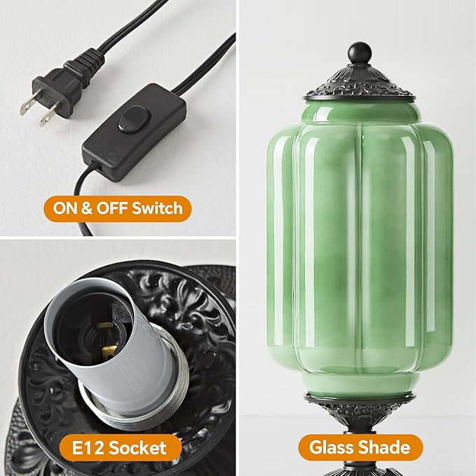 Milk Glass Table Lamp, Touch Control with USB Charging Port Vintage Bedside Desk Lamp Stepless Dimming for Bedroom Living Room Nightstand Led Bulbs Included （Green）