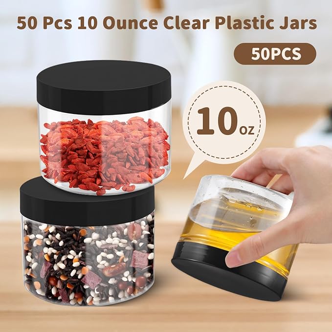 50 Pcs 10 Oz Plastic Jars with Lids Containers Storage Airtight Wide Mouth Food Jar Clear Cylinder Container for Grocery Kitchen Dry Food Butter Honey