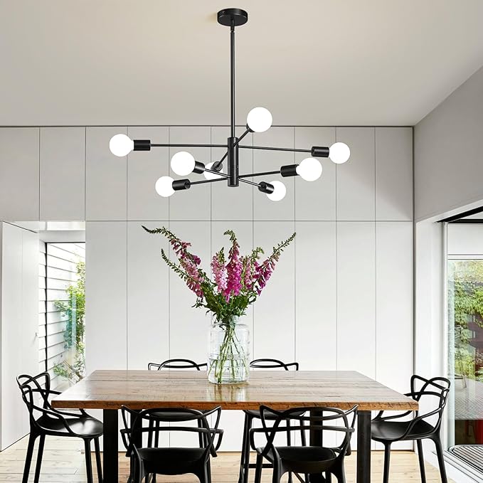 KAISITE Modern Chandelier Sputnik Ceiling Light Fixture Black Chandelier for Bedroom Living Room 8-Light Height Adjustable Dining Room Farmhouse Chandelier Over Table Ceiling Hanging Kitchen Lighting
