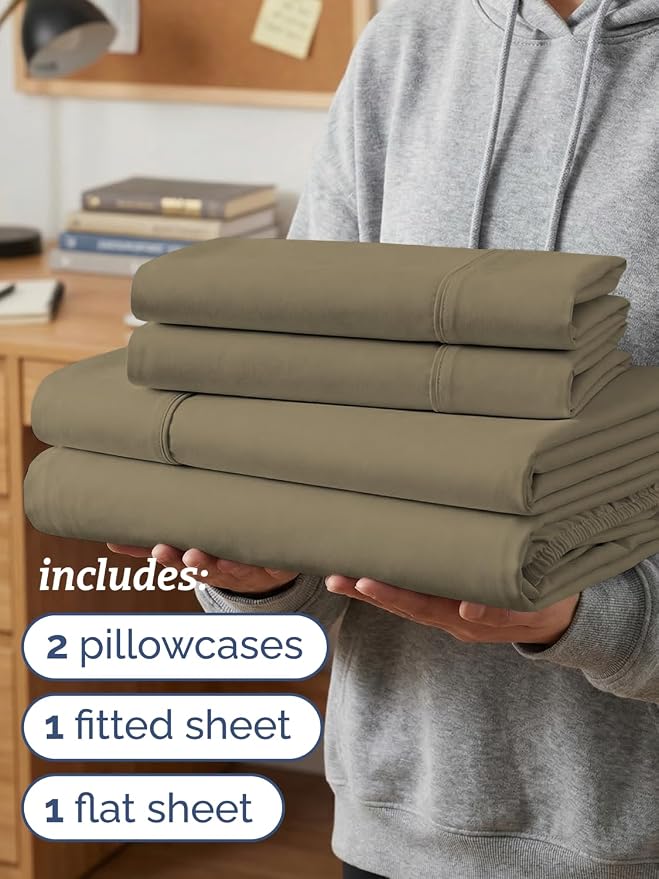 Twin XL 4 Piece Sheet Set - Comfy Breathable & Cooling - Ultra Soft Hotel Luxury Bedding Set w/ 8-16 Inch Deep Pockets - 1 Flat & 1 Fitted Sheet & 2 Pillowcases - Wrinkle Free and Easy Care - Khaki
