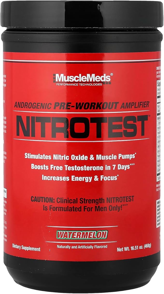 MuscleMeds Nitrotest Pre-Workout Supplement Drink, Boost Nitric Oxide, Testosterone, Watermelon, 30 Servings, 1.03 Pound, 1 Count
