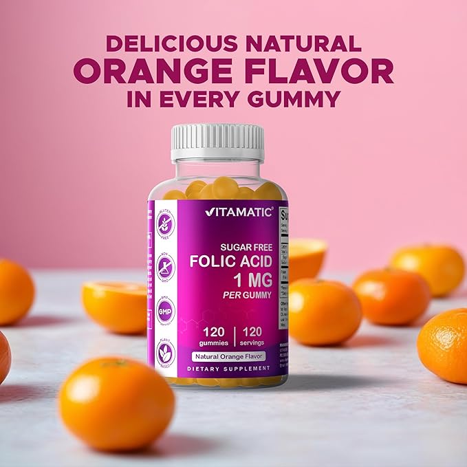 Vitamatic Folic Acid Gummies 1000 mcg (1 mg) – Essential Prenatal Vitamin B9 for Mom & Baby – 120 Vegan Gummies per Bottle – 2 Pack