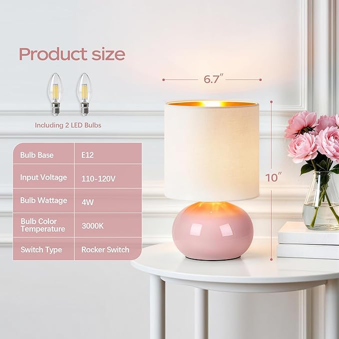 Hamucd Ceramic Table Lamps Set of 2, Modern Classic Bedside Lamps for Nightstand, Small Table Lamp for Bedroom Living Room Desk End Table (Pink)