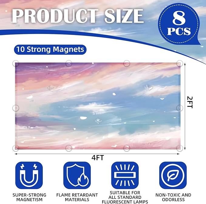 ANGSYLTH 8 Pcs Fluorescent Light Covers - 4 x 2 Feet Covers for Ceiling Lights, 8 x 10 Magnetic Light Filters for Classroom, Office, Hospitals (Sunset Glow)