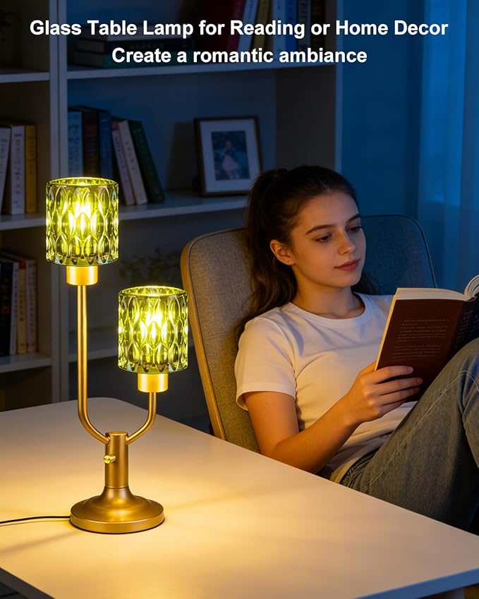 Lightdot Mid Century Modern Green Table Lamp for Bedroom Dimmable Nightstand Lamp Vintage Glass Gold Desk Lamp 2 Bulbs Included Warmwhite Ambient Bedside Lamps for Living Room Home Office Decor Gift
