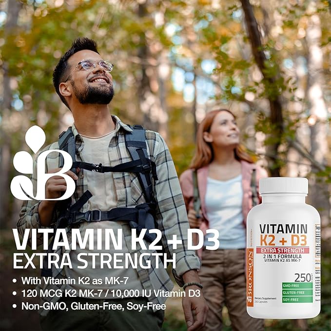 Bronson Vitamine K2 (MK7) avec D3 Supplément Extra Fort pour la Santé des Os et du Cœur Formule Sans OGM 10 000 UI Vitamine D3 & 120 mcg Vitamine K2 MK-7 Vitamine D & K Facile à Avaler, 120 Gélules