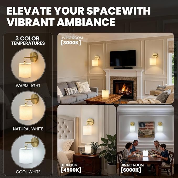 Detachable Wall Sconces Battery Operated With Hanging Hook,10000mah Battery Operated Wireless Wall Sconces Set of Two,12 RGB Gold Sconce With Remote,Renter Friendly Wall Lamps for Living Room,Bedroom