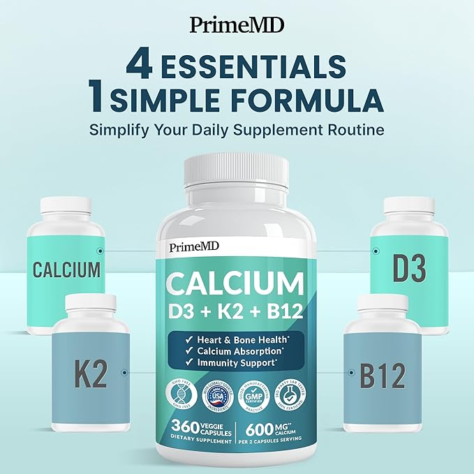 4-in-1 Calcium Supplements for Women & Men - Calcium Citrate with D3 K2 Vitamin 5000 IU - Calcium 600mg with Vitamin D3 K2 - Everyday Vitality Supplement - Vegan-Friendly, Gluten-Free (360 Capsules)