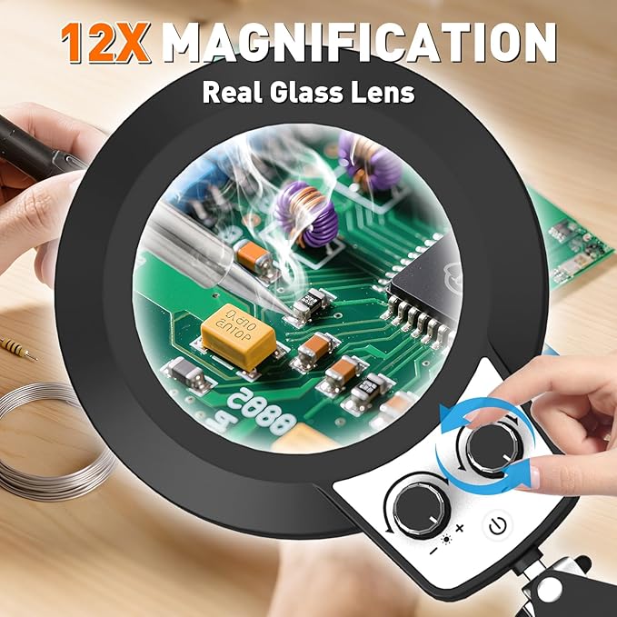 KIRKAS 12X Magnifying Glass with Light and Stand, Extra-Long Arm Magnifying Lamp Overhead Knob for Workbench Craft, Sewing, LED Lighted Magnifier Real Glass Lens Stepless Dimming and Color(35in Clamp)