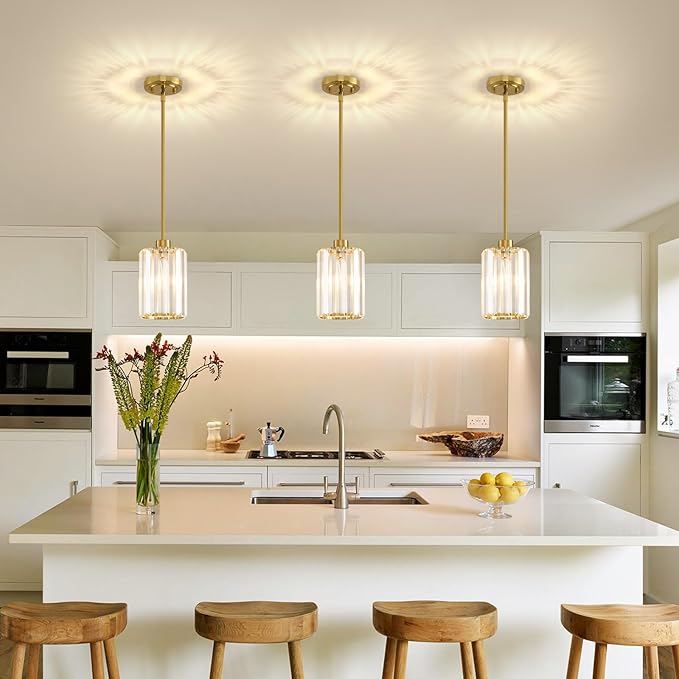 2 Pack Pendant Lights Kitchen Island, Modern Gold Pendant Light Fixtures, Mini Chandelier Crystal Kitchen Island Lighting, Hanging Pendant Lights Fixture for Kitchen Island Dining Room Hallway Foyer