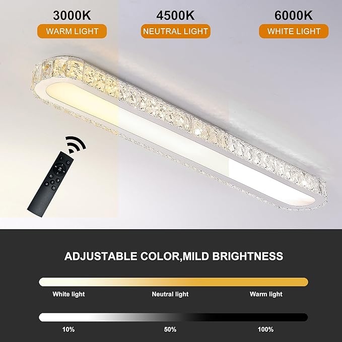 Qcyuui Dimmable LED Ceiling Light 39.4'' Kitchen Lighting Fixtures Ceiling Modern Luxury Crystal Ceiling Light with Remote Chrome Long Ceiling Light Fixture for Kitchen Dining Room Hallway,48W