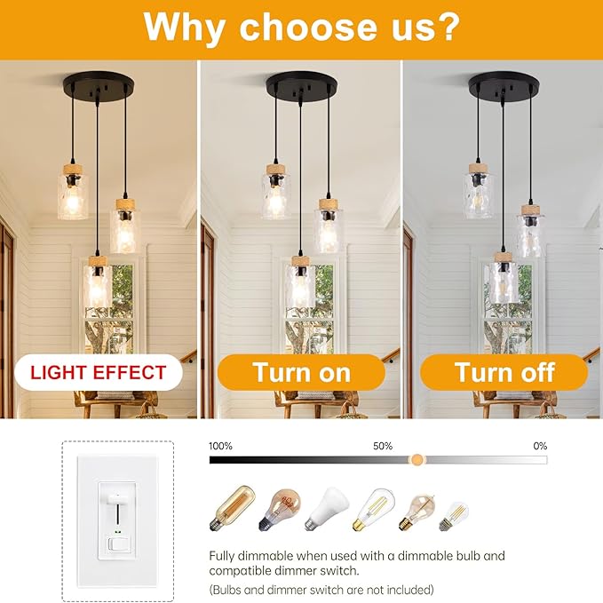 3-Light Pendant Light Fixtures, Black Pendant Lights Kitchen Island, Adjustable Pendant Lighting with Clear Hammered Glass Shade, Modern Hanging Light Fixtures for Dining Room, Hallway, Living Room