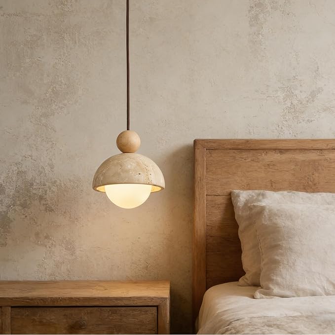 7.1inch Wabi Sabi Pendant Light, Yellow Travertine Pendant Light Fixture, Natural Stone & Wood Hanging Lamp for Kitchen Island, Hallway, Bedroom Bedside, Living Room, Dining Room (1pcs)