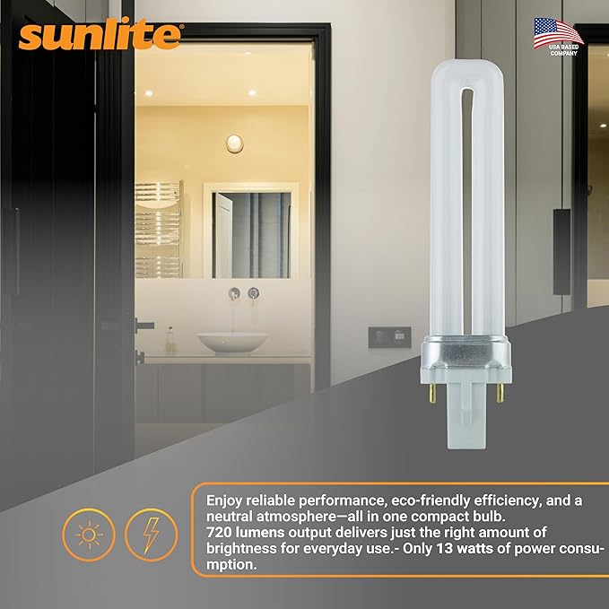 Sunlite PL13/SP30K Compact Fluorescent Single U-Shaped Twin Tube Light Bulb, 13 Watts, 120 Volts, 720 Lumens, 2-Pin GX23 Base, 3000K Warm White, 10 Pack