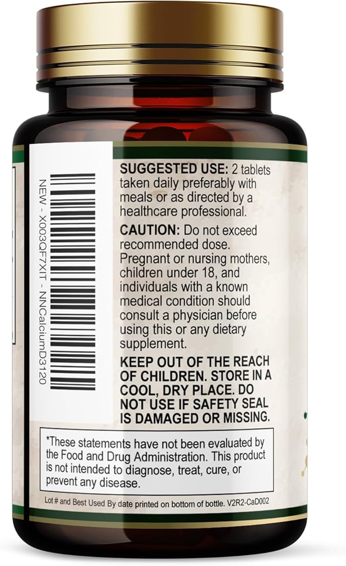 Calcium 1200 mg with Vitamin D3 - Per Serving - Bone Health Supplement - Vitamin D & Calcium Supplements for Women & Men - Bone Strength Support - Natural Calcium Pills - Bottled in USA - 120 Tablets