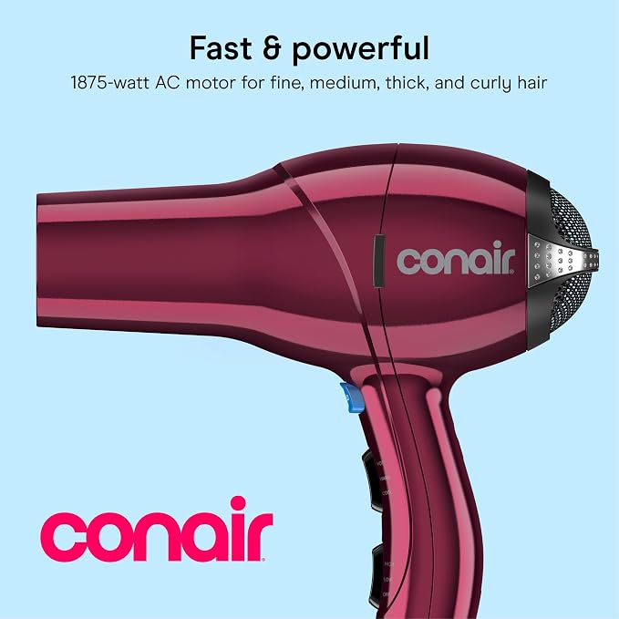 Conair Salon Hair Dryer | 1875-Watt AC Motor Fast Drying Salon Dryer, Reduces Frizz with Ionic Technology, Burgundy with Bonus Brush, 279BRL