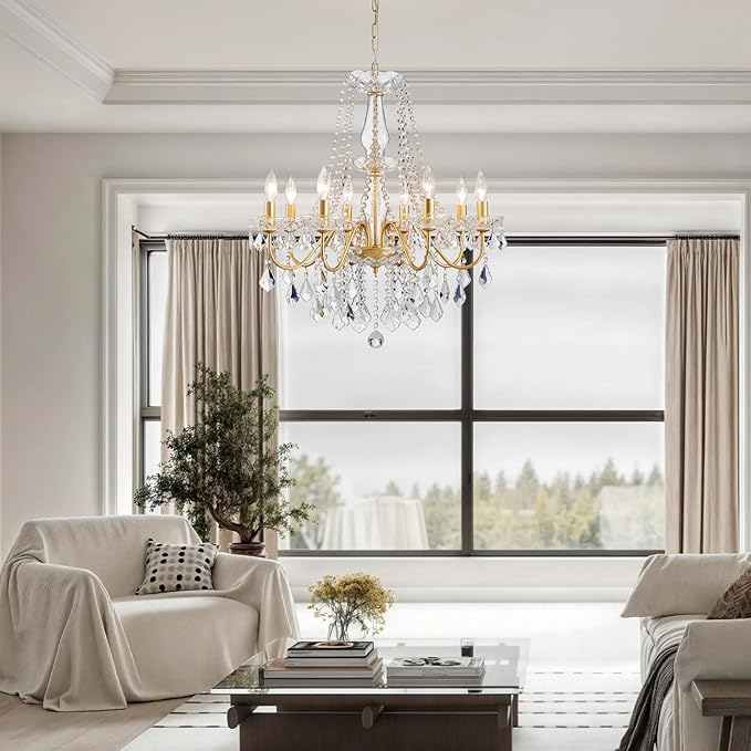 Gold Crystal Chandelier, 8-Light Crystal Chandeliers for Dining Room Light Fixture, Crystal Pendant Ceiling Light Modern Gold Lighting Fixture for Living Room Hallway Foyer Bedroom Kitchen Bathroom