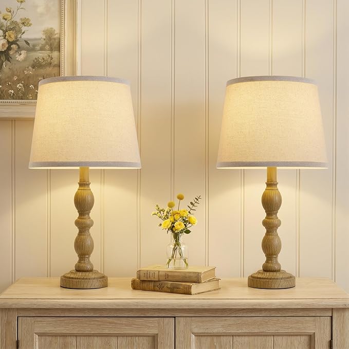 GyroVu 20.5" Table Lamps for Nightstand Set of 2, Farmhouse Lamps for Bedroom, Small Desk Lamps for Living Room, Linen Shades, Knob Switch, Bedside Lamps for Reading, Office (Brown)