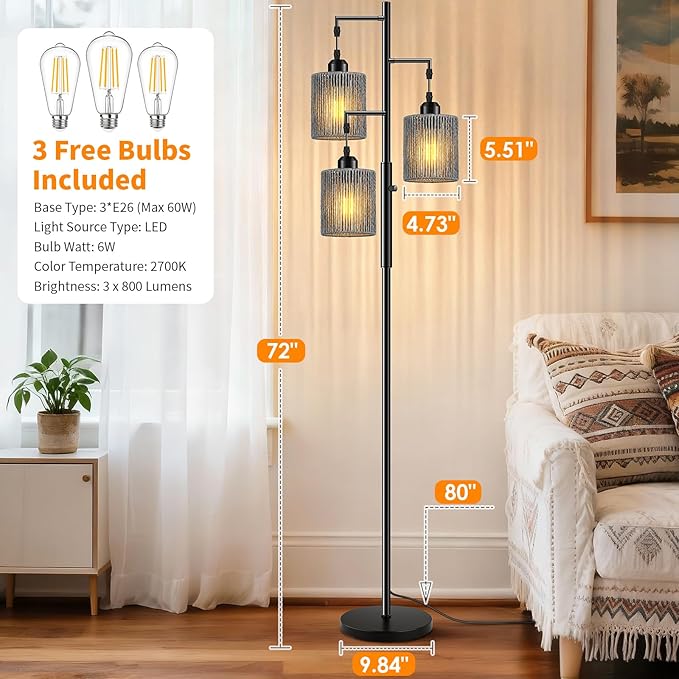 Hotsonic 72" Tall Boho Rattan Style Floor Lamp with Hand-Woven Paper Cord Shade, Dimmable Industrial Tree Standing Lamp for Living Room, Bedroom, Study Room, Office (3 x 800LM Bulbs Included) - Black