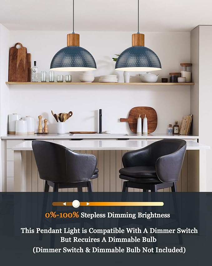 ELYONA Modern Hammered Pendant Light Fixtures with 12" Metal Shade Solid Wood Dome Hanging Pendant Light for Farmhouse Kitchen Island Dining Room Sink Bedroom Hallway Medium 2 Pack Blue