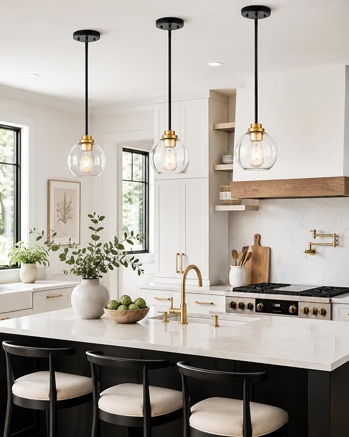 Pendant Lights Kitchen Island 2 Pack, 7" Black and Gold Hanging Lights Fixtures with Clear Glass Globe Shade, Modern Kitchen Island Lighting for Bathroom, AD-22280-1P2-KG