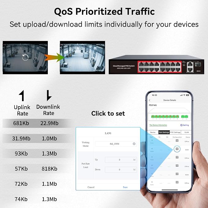 PoE Switch, 16 Port Managed POE+ Ethernet Switch(16 POE+ Ports+2 Gigabit Uplink,1 x 1.25G SFP), 240W Built-in Power, Support VLAN, QoS, Fanless Metal, Plug & Play(Wall Mount/Rack Mount)