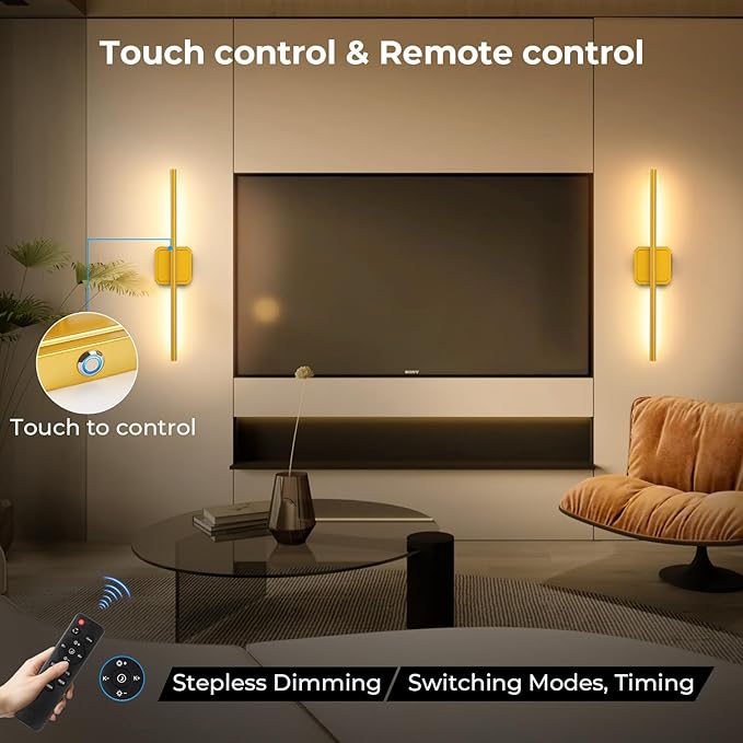 GvvooHome Battery Operated Wall Sconces Set of 2, Wall Lamps Detachable 360°Rotate, 3000-6500K Dimmable with Remote Control, 10000mAh Rechargeable Wall Lights for Bedroom, Living Room 28.3" Gold
