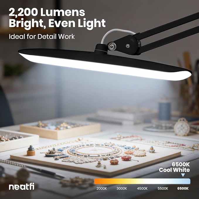 Neatfi XL 2200 Lumens 24W LED Desk Lamp - 4-Level Dimmable Task Light | Home Office, Crafts & Workbench | 20-Inch Wide Head (Black, Non-CCT with Base)