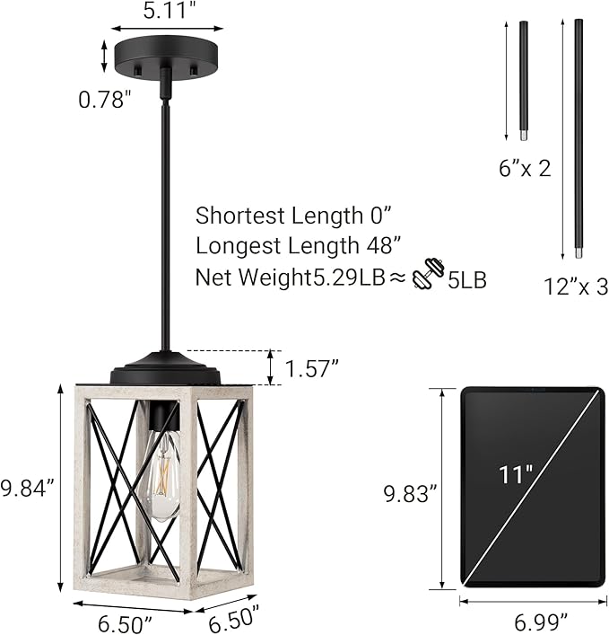 DEWENWILS Pendant Light, Metal Pendant Light Fixtures with Wooden Grain Finish, 48" Adjustable Pipes for Flat and Slop Ceiling, Hanging Ceiling Lamp for Kitchen, Living Room, Bedroom, E26 Base