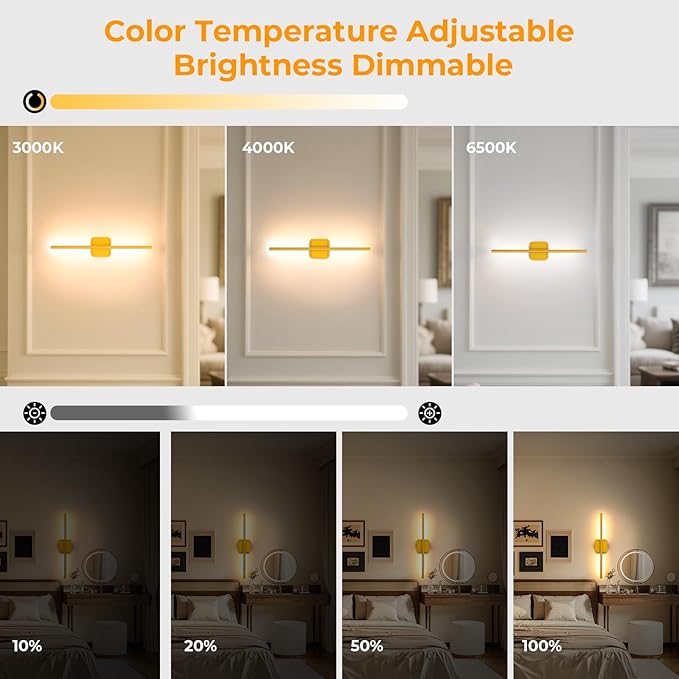 GvvooHome Battery Operated Wall Sconces Set of 2, Wall Lamps Detachable 360°Rotate, 3000-6500K Dimmable with Remote Control, 10000mAh Rechargeable Wall Lights for Bedroom, Living Room 28.3" Gold