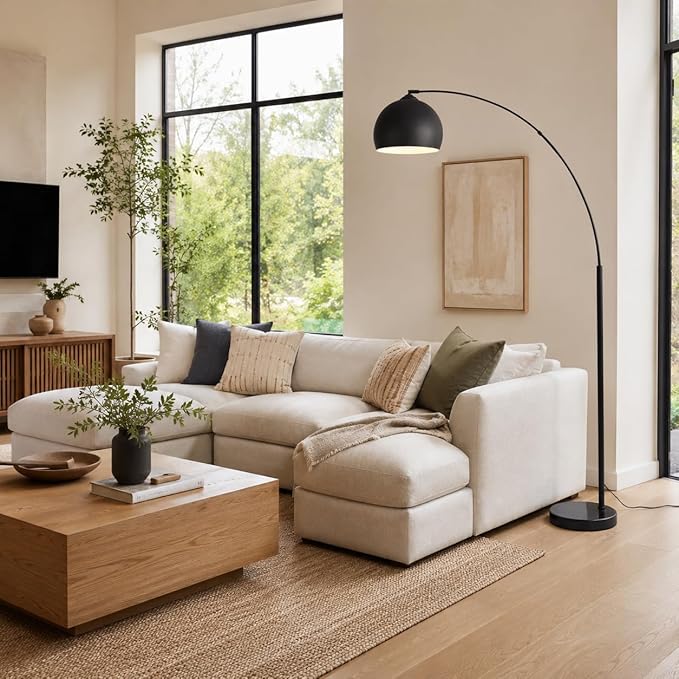 Teamson Home Arquer 66.93" Arc Floor Lamp for Living Rooms, Home Offices, Dining Rooms, Bedrooms with Faux Black Marble Base and Black Bell Shade