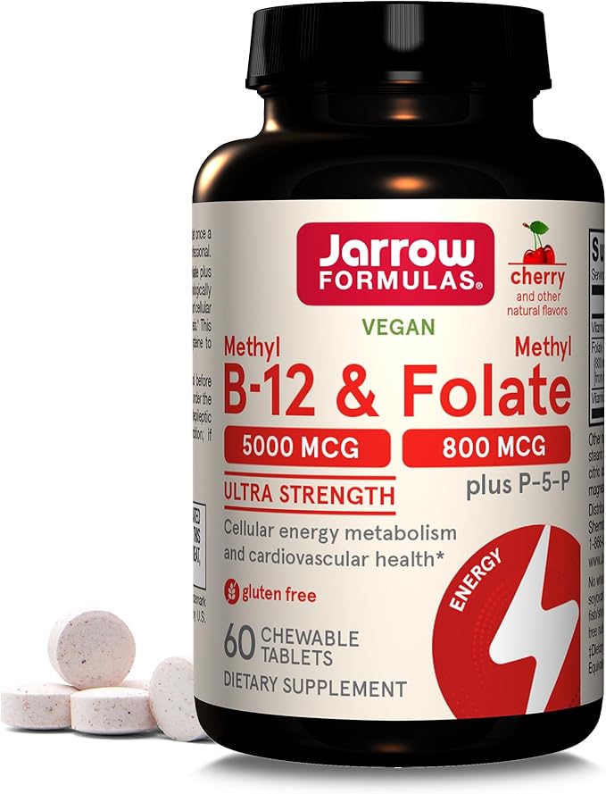 Jarrow Formulas Ultra Strength Méthyl B-12 5000 mcg & Méthyl Folate 800 mcg + P-5-P & Vitamine D3 125 mcg (5000 UI) - 100 doses (gélules)