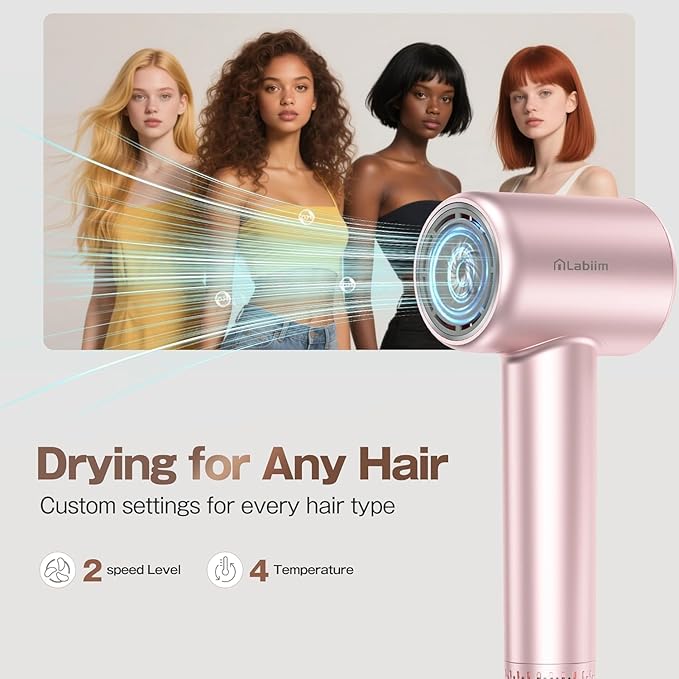Labiim Hair Dryer, High-Speed Ionic Blow Dryer 110,000 RPM Brushless Motor for Fast Drying, 200M Ions Frizz & Thermo-Control HairDryer with Magnetic Nozzle, Quiet Compact for Home Travel, Pink