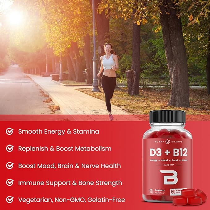 NutraChamps ビタミンD3 & B12、成人・子供用メチルB12グミ、ビタミンD3 & B9葉酸配合、天然エネルギー、気分、代謝、集中力、ラズベリー、120グミ（2個パック）