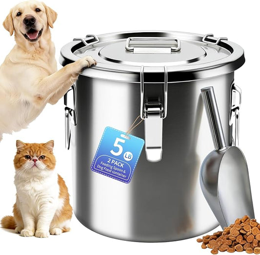 5LB Stainless Steel Dog Food Storage Container, Airtight Metal Pet Food Storage Bin with Lid and Scoop, Large Dog Food Container for Dry Food, Keep Fresh, Easy to Clean