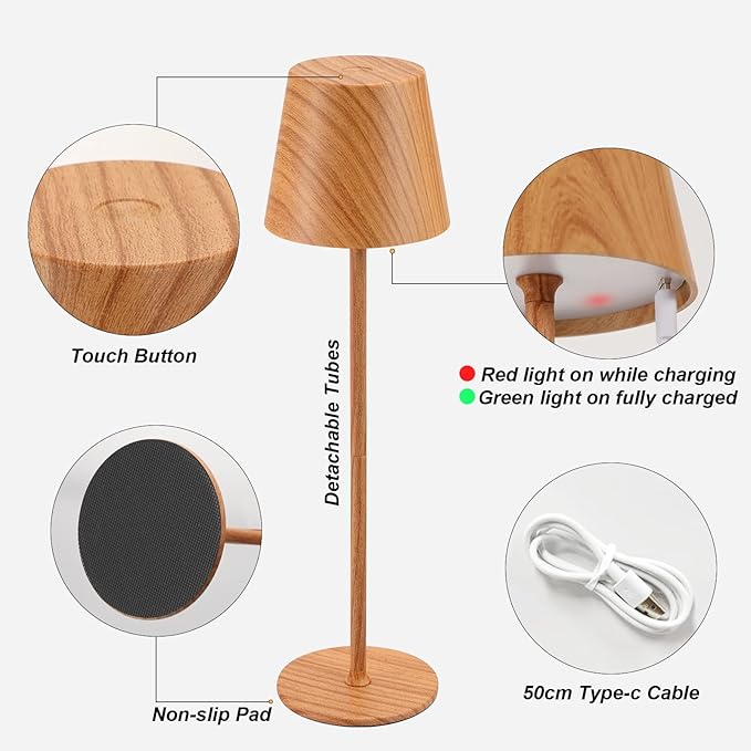 Kakanuo Cordless Table Lamp Rechargeable - Wood Grain 2 Pack 5000mAH Battery Operated Lamp for Counter, 3 Color Stepless Dimming Wireless Lamp for Dining Kitchen, Outdoor Patio, Touch Control