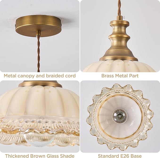 HDDFL Glass Pendant Lights Modern Pendant Lighting Fixtures 11.8 in Hanging Lamp for Kitchen Island Bedroom Dining Room Coffee Shop Hallway Brown and Brass
