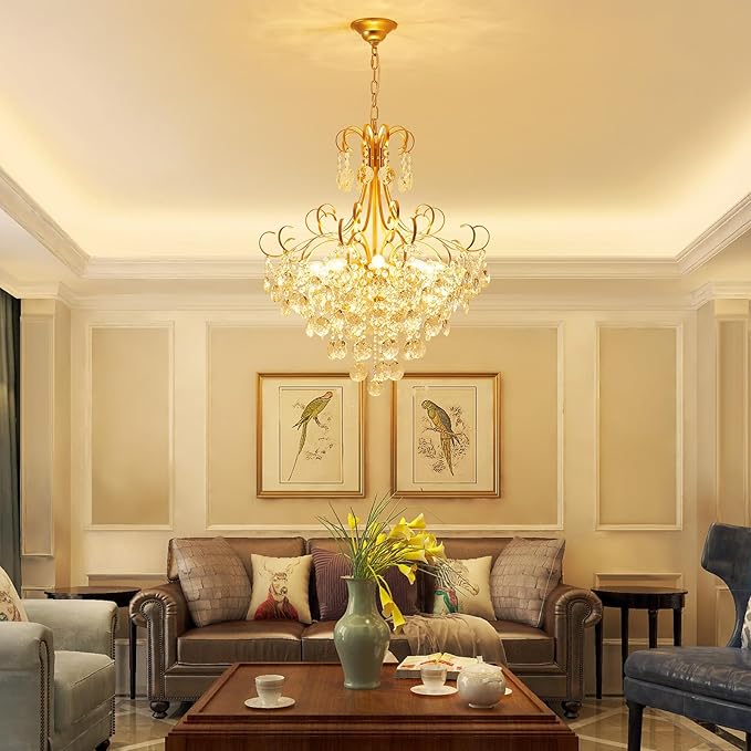 ANJIADENGSHI Crystal Chandelier, Modern K9 Crystal Pendant Light for Dining Room, Vintage Pendant Ceiling Fixture Lamp, 10-Lights Golden Chandelier Lighting for Kitchen Island, Living Room, Bedroom