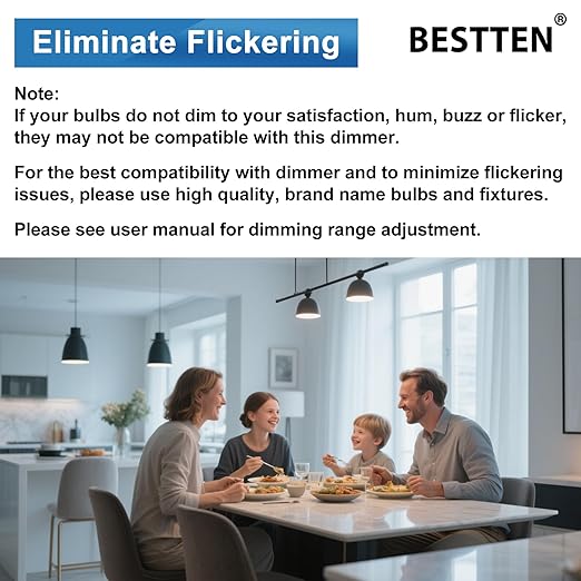 BESTTEN Slide Dimmer Light Switch, Quiet Rocker, Super Slim Single Pole or 3 Way Dimmable Switch, Max 300W LED, CFL, 600W Incandescent, ETL Listed, White