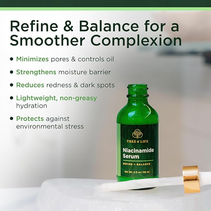Sérum à la Niacinamide et Vitamine B3 de Tree of Life Beauty, Huile Hydratante pour le Visage contre les Taches Brunes et de Vieillesse, Resserre les Pores, Sérums Visage pour Peaux Sensibles à l'Acide Hyaluronique et Vitamine E, 60 ml