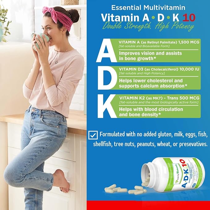 Complément Alimentaire Vitamine ADK Power By Naturals – ADK 10 Haute Puissance avec Vitamines A, D3 10 000 UI & K2 MK7 pour la Santé Osseuse – Complément Vitamine A D K – 90 Gélules, Lot de 2 (6 Mois de Traitement)