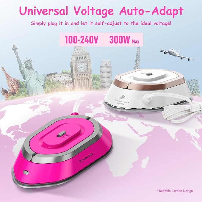 Newbealer Travel Iron Set, 100-240V Mini Dry Iron for Clothes (No Steam) | Max 300W, Heats in 60s, 302℉ Ceramic Soleplate, Handy Heat Press, 0.8lbs Lightweight for Quick Touch-ups Worldwide (Hotpink)