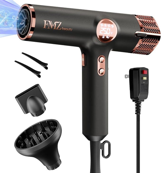 FMZ Professional Ionic Hair Blow Dryer Smart Display with Diffuser, 1875W High Speed Powerful BLDC Motor for Fast Drying, Mini Portable Lightweight Quiet, Curly Hairdryer for Men Women Salon Travel