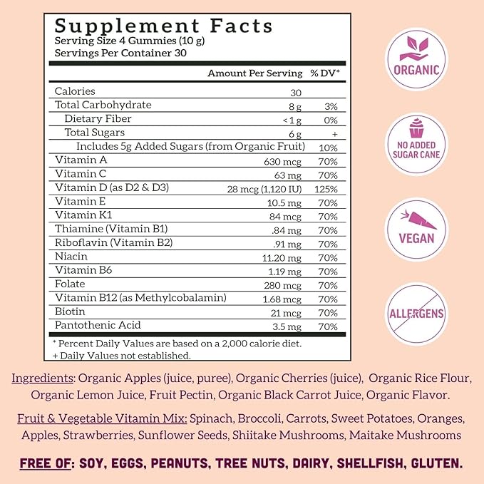 Llama Naturals Multivitamines pour Femmes, Gommes Biologiques Véganes avec Vitamines D, C et K, Véritables Gommes Multivitaminées aux Fruits pour Femmes, Supplément Multivitaminé à Croquer, Sans Sucre de Canne Ajouté, Cerise, 120 unités