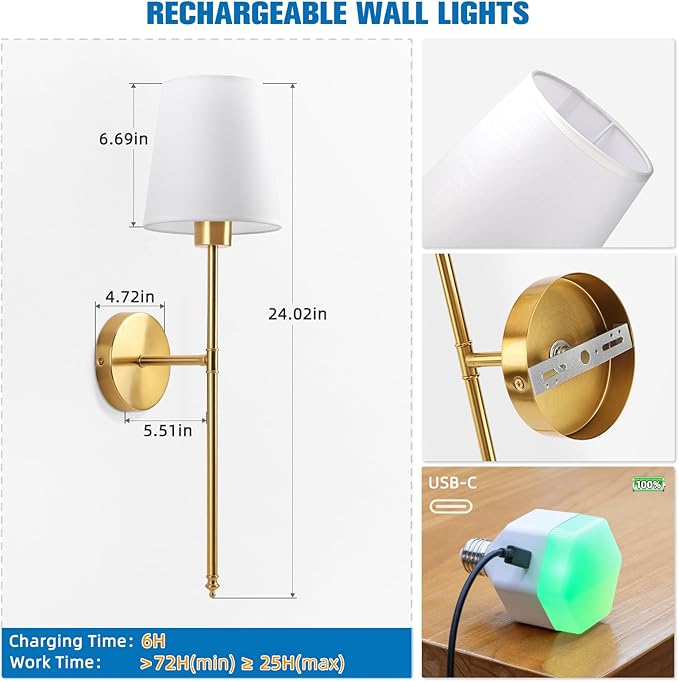 NIORSUN Battery Operated Wall Sconce Set of 2,Gold Rechargeable Wall Lights with 10400mAh Dimmable Bulbs and Remote,10 Colors Wireless Wall Lamps for Bedroom Living Room Hallway Decor