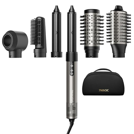 7MAGIC 6 in 1 Multi Hair Styler Dryer Brush, 110,000 RPM High-Speed, Negative Ionic, Fast Drying for Professional Blow Dry, Curling, Volumizing, Straightening and Styling, Silver