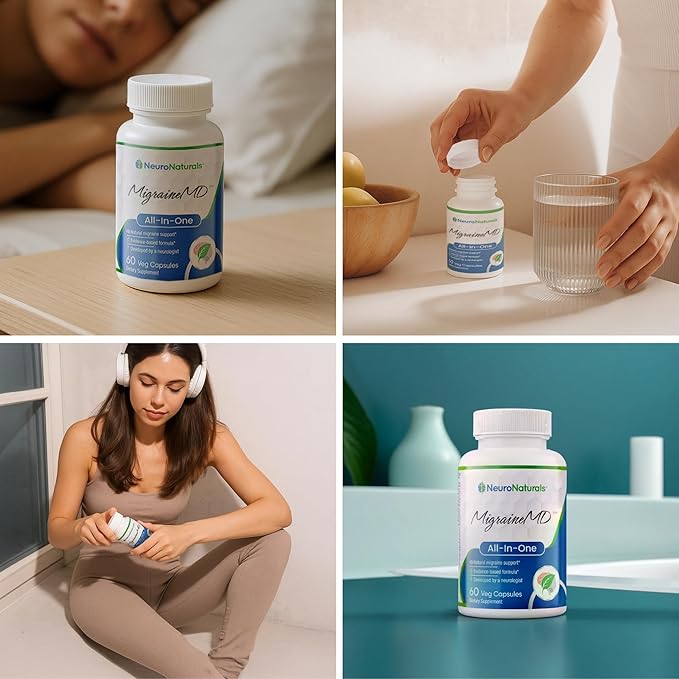 MigraineMD - Prévention naturelle des migraines, soulagement des maux de tête, CoQ10, Bisglycinate de magnésium, Mélatonine, Vitamine B2, Vitamine D3, 60 gélules