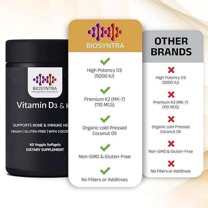 Vitamine D3+K2 à l'huile de coco - Vitamine D végétalienne 5 000 UI et vitamine K MK7 110 mcg pour le soutien des os, du cœur et du système immunitaire, sans OGM, testé par des tiers, sans soja, haute absorption, 60 gélules végétales molles