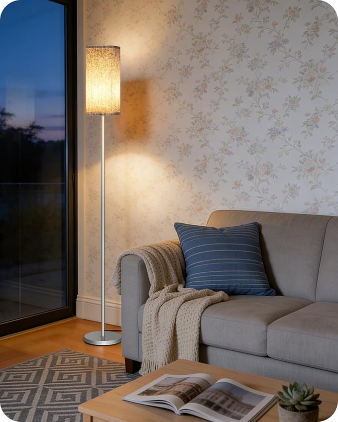 64.2'' Dimmable Floor Lamp for Living Room with Remote and Foot Switch, Corner Floor Lamp for Bedroom, Includes 10W A19 Bulb, Modern Standing Tall Lamp, ETL Listed Silver and Beige SE17LD05